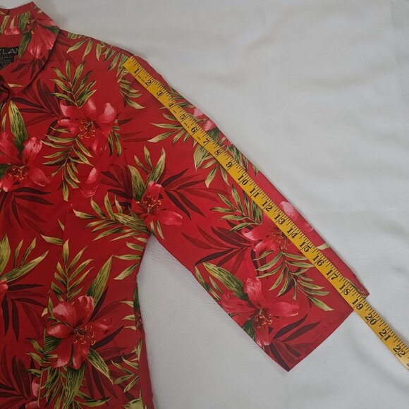 Silkland 100% Pure Silk Red Floral Print Button Front 3/4 Sleeve Blouse Size 10 - Picture 11 of 12
